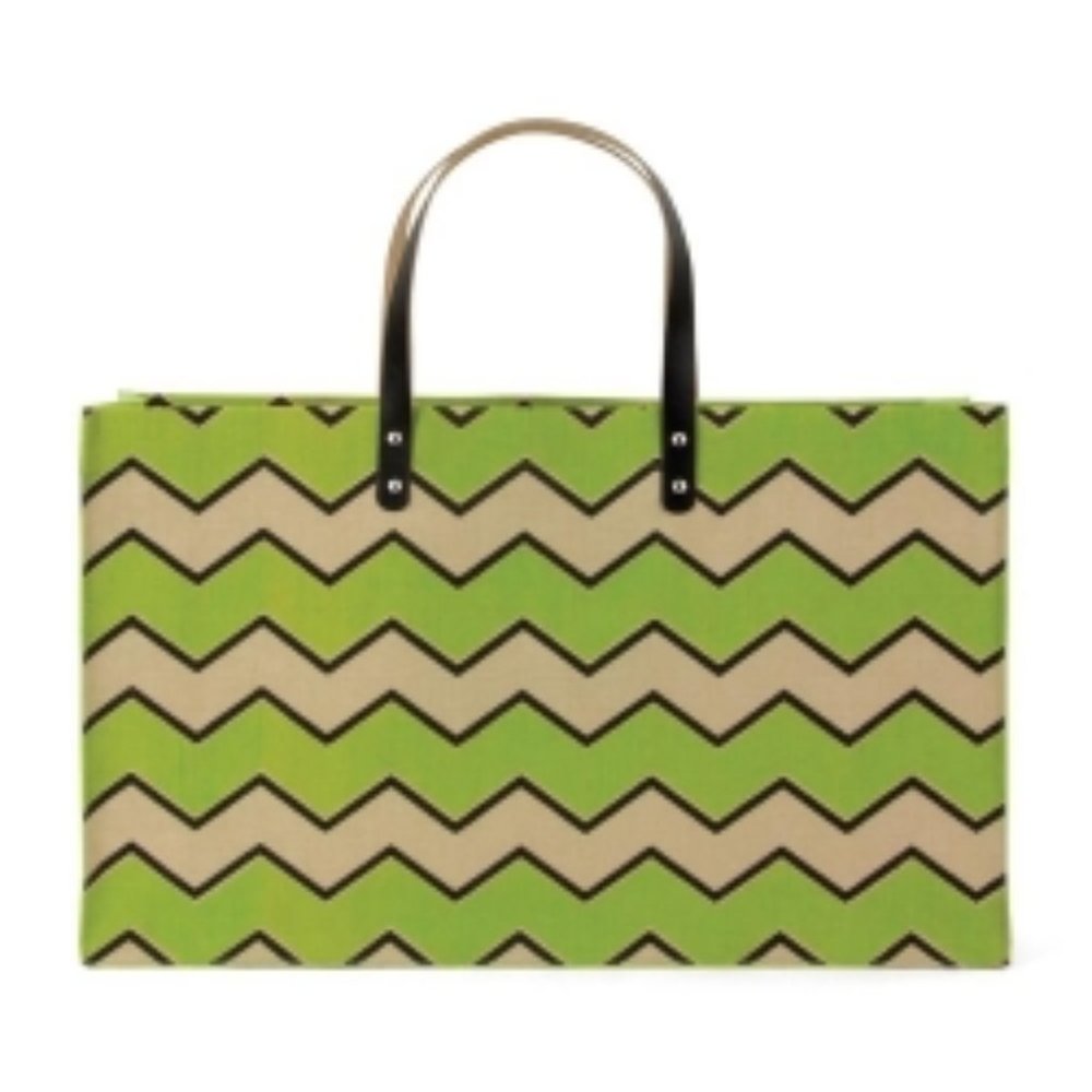 New Green Chevron Natural Jute Tote Bag with Leather Handle